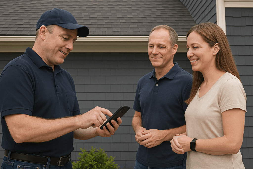 Homeowner scheduling a roofing maintenance service with a local contractor.